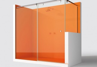 Mampara de bany amb porta corredissa de vidre laminat. Perfileria ST-EL d'acer inoxidable, adaptable a qualsevol plat de dutxa.